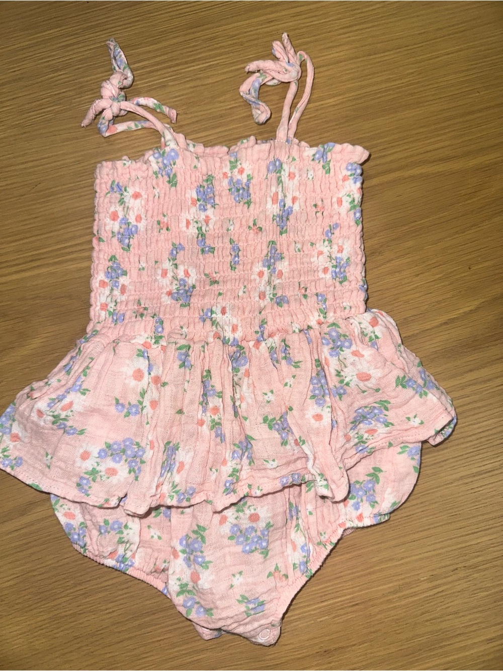 Angel Dear Pink Floral Smocked Ruffle bubble Romper